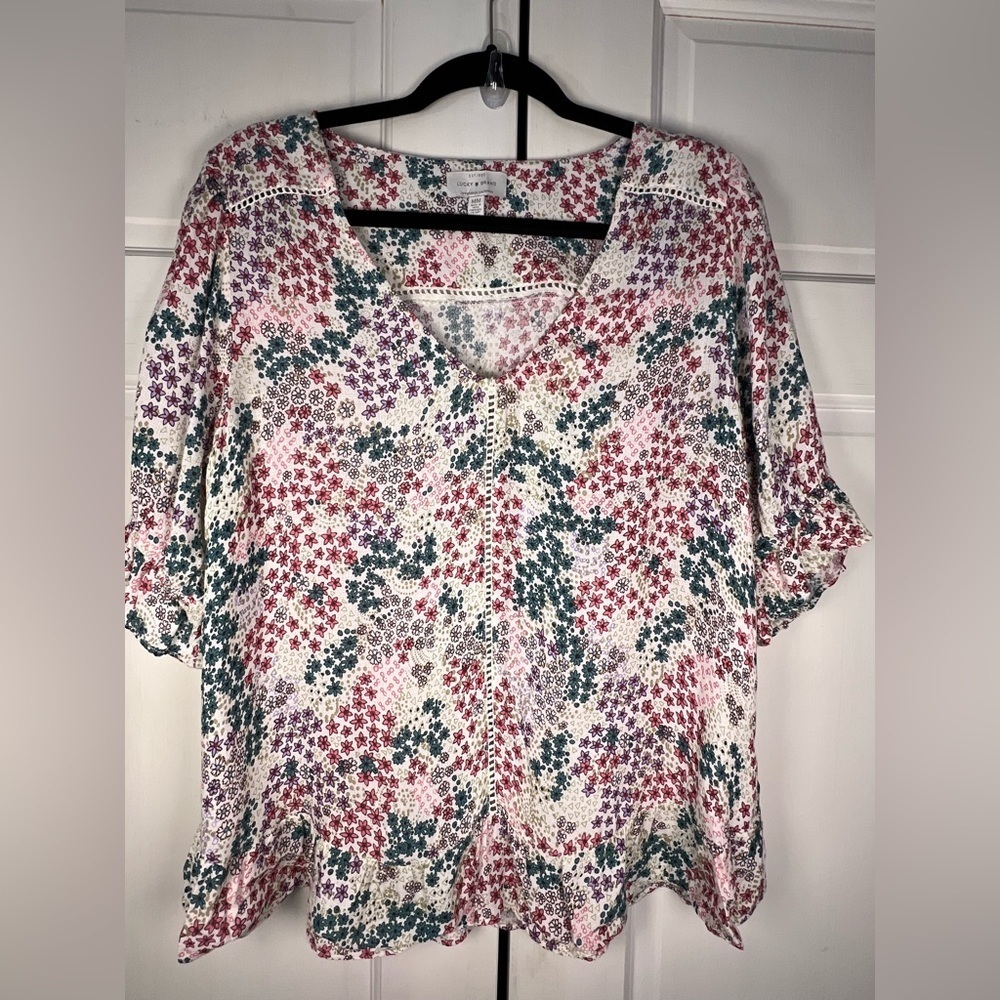 Lucky Brand Floral Print Puff Cinched Ruffled Sleeves Ruffle Hem Size M